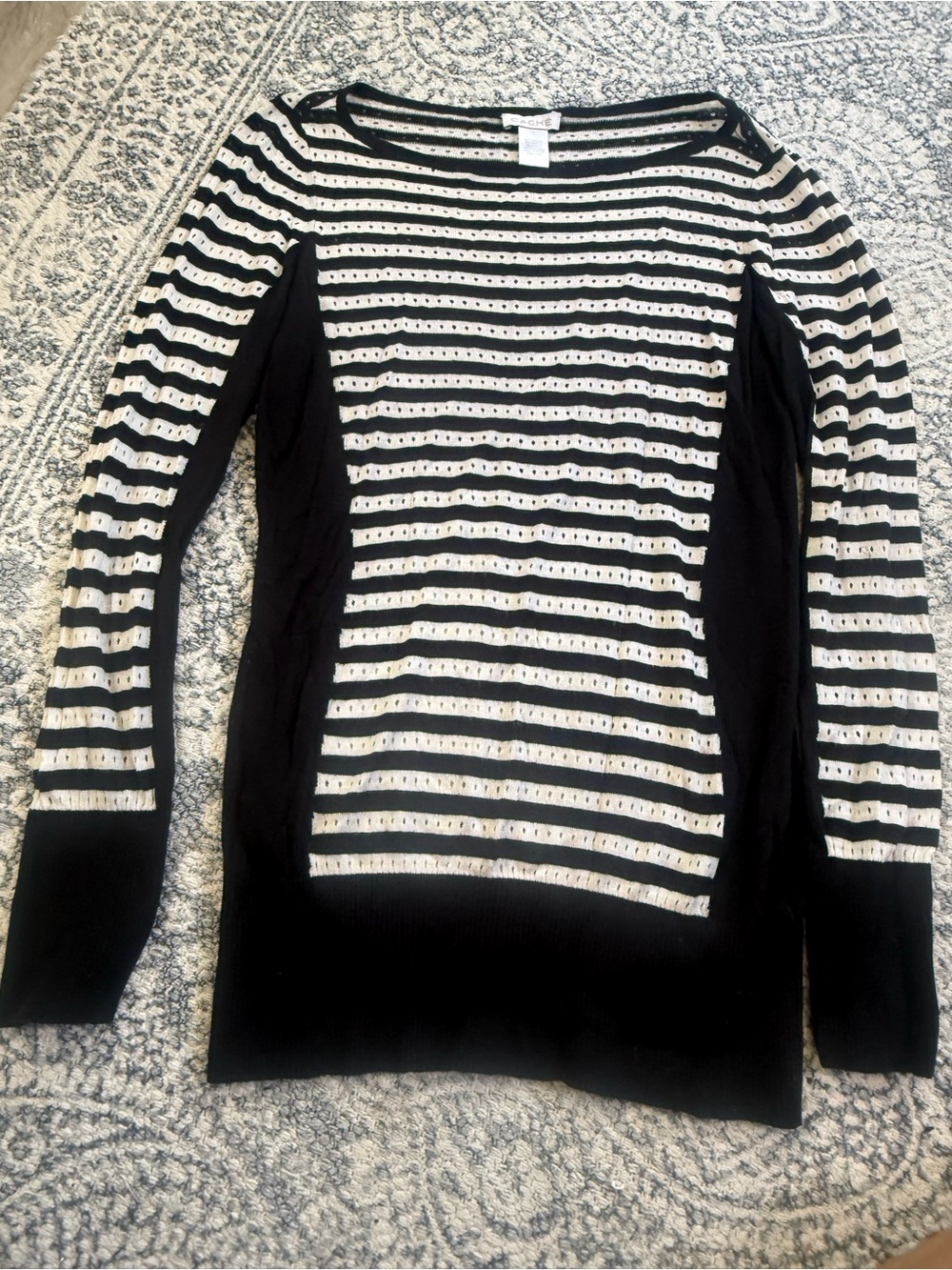 Cache Black and Cream Striped Knit Sweater